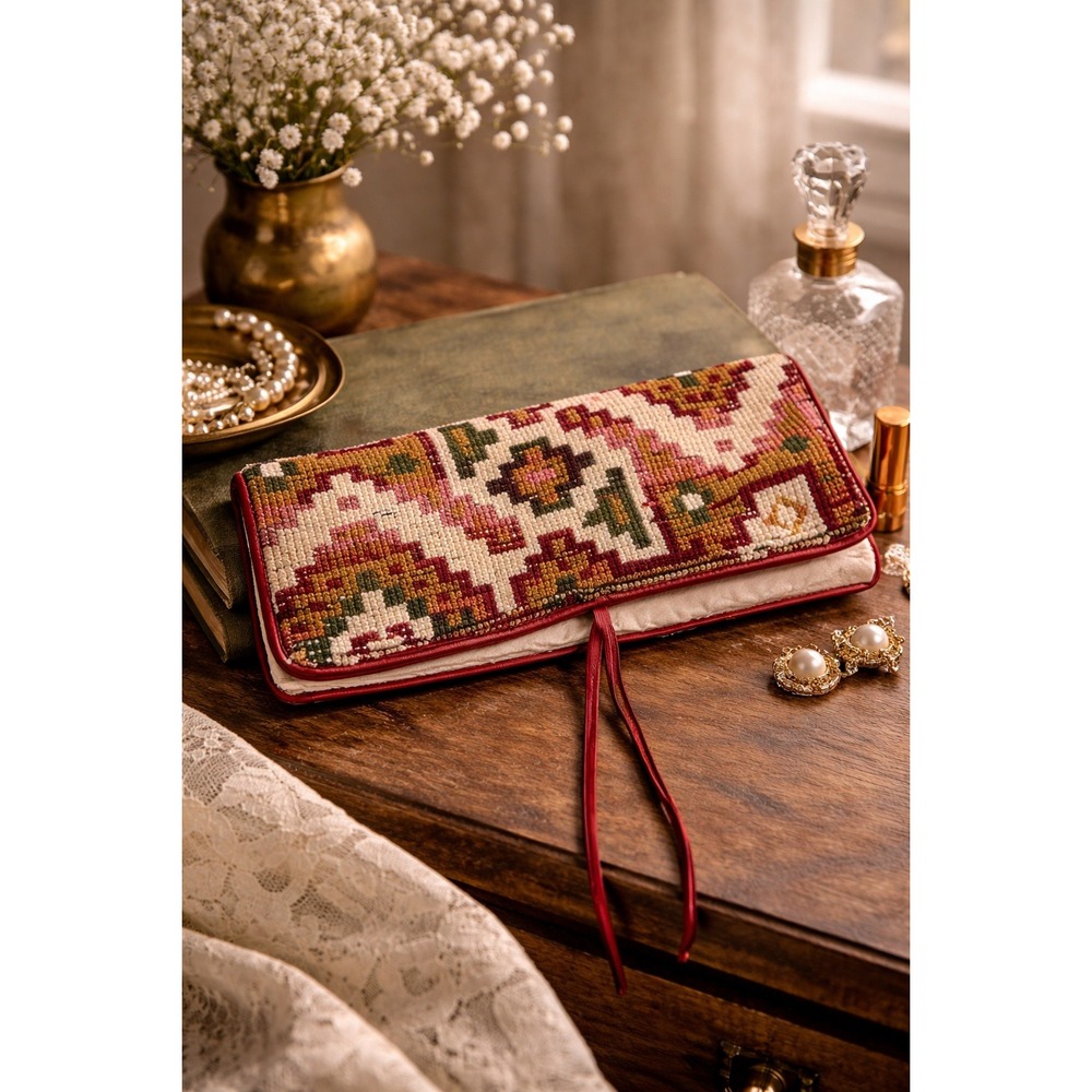 Vintage Neiman Marcus Needlepoint Jewelry Roll Italy‎ Geometric Travel Organizer